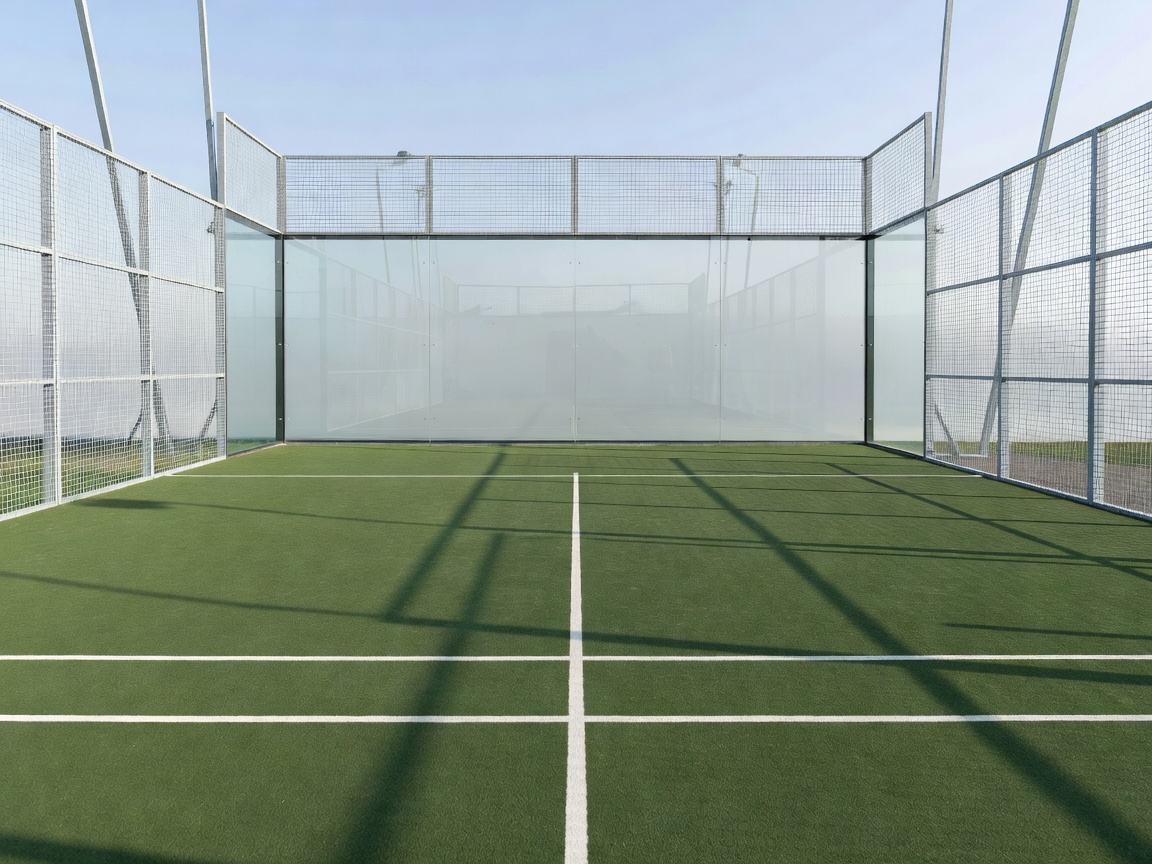 Symmetrical view down the centre line of an empty padel court, showing the metal mesh and rear glass panels