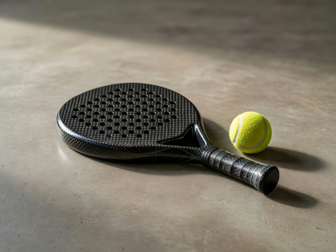 A teardrop shaped padel racket resting next to a depressurized yellow ball