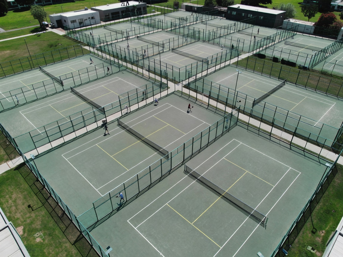 An aerial view of a large racket facility where several tennis courts have been subdivided into smaller padel courts