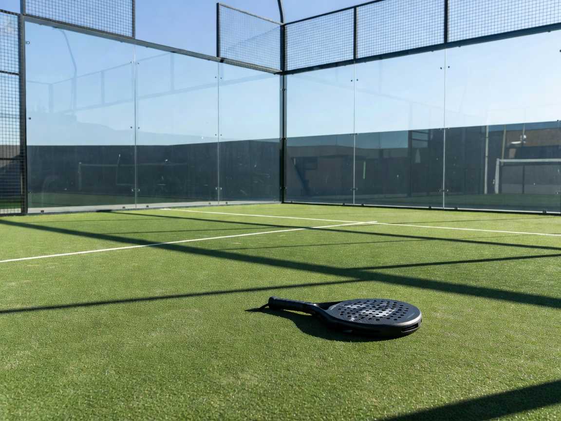 A padel court showing the glass back wall and artificial turf surface