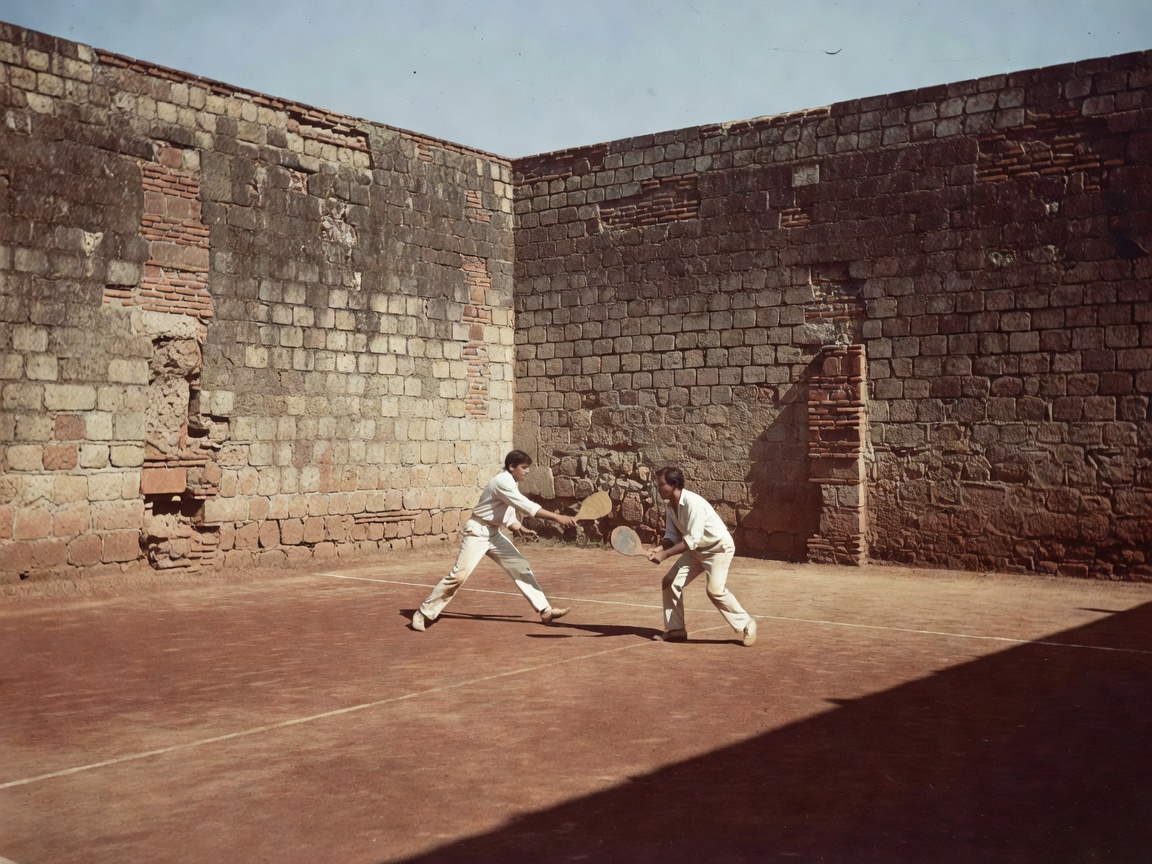 A vintage photograph showing a masonry wall surrounding a small racket court in Mexico