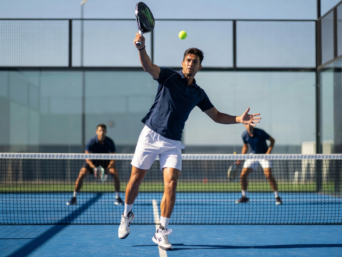 A player preparing to hit a bandeja overhead shot near the net